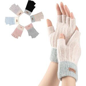 Women's Beige Half Finger Fingerless Knitted Fall Winter Warm Mittens Gloves